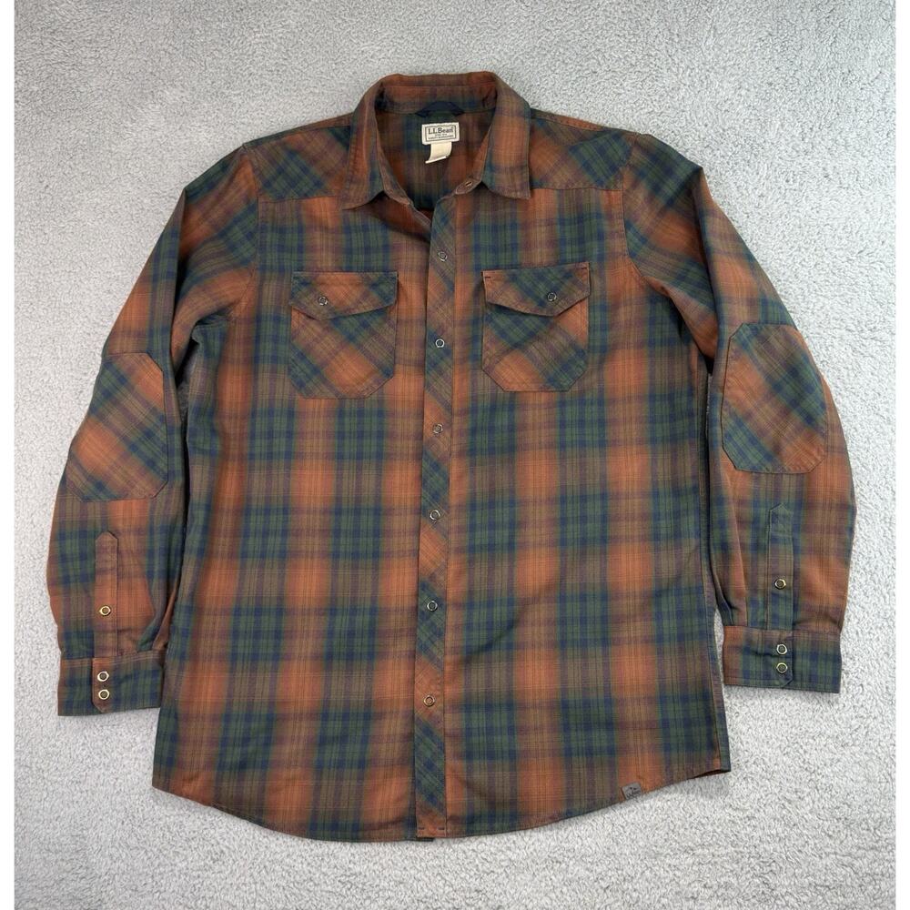 LL Bean Shirt Mens Large Tall Katahdin Performance Flannel Elbow Patch Snap